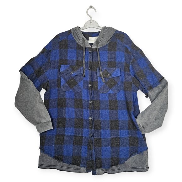 NWT Oli & Hali Oversized Plaid Hooded Button Down Shacket S Blue Gray Shirt Jack - Picture 1 of 8